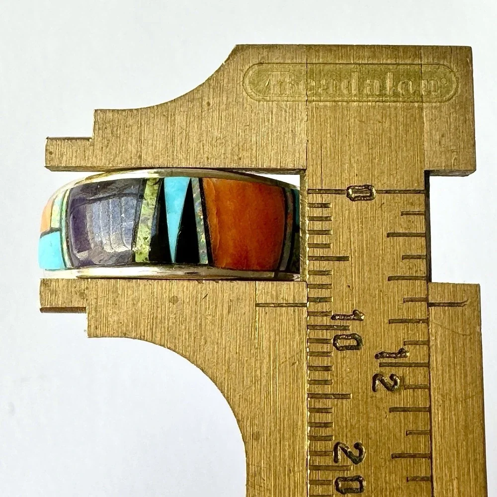 Navajo Inlay Turquoise Opal Multi Wedding Band Ring Sz 11 9mm Mens Signed AT